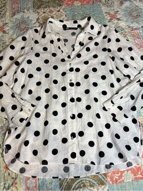Zara Cream Button-Down Shirt with Black Polka Dots Linen Blend size M